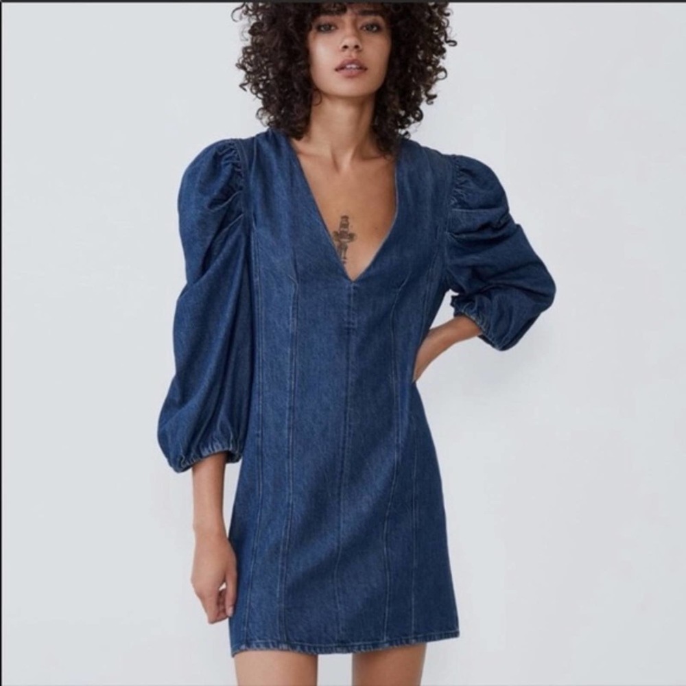 Zara | Dresses | Zara Medium Washed Denim Deep Vneck Puff 34 Sleeve Mini Dress Size Small